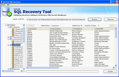 Screenshot of SQL Recovery Tool